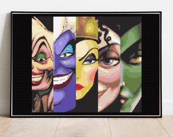 Villains Cross Stitch Pattern, Ursula, Evil Queen and Maleficen, Cruella, Mother Gothel, Cross Stitch Pattern - instant Download