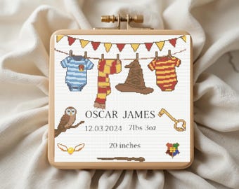 Geboortekaartje kruissteekpatroon pdf |  Wizard-sampler | Eenvoudige kaart DIY-babyshower | pdf direct downloaden