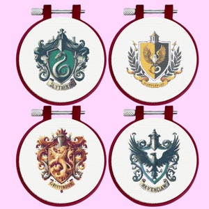 Magic School Houses Crests Cross Stitch Pattern | Wizard School Faculties Coats of Arms | Logotype Cross Stitch Design | 4 Bundle Set