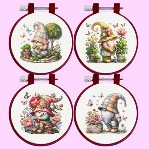 Garden Gnome  Cross Stitch Pattern, 4 Gnome Bundle Set, Santa Cross Stitch Pattern, instant download