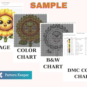 Pu&ograve; includere: Un set di modelli a punto croce con un'immagine di girasole sorridente, una tabella dei colori, una tabella in bianco e nero e una tabella dei colori DMC. La parola "SAMPLE" &egrave; visualizzata in arancione. &Egrave; visibile anche il logo Pattern Keeper.