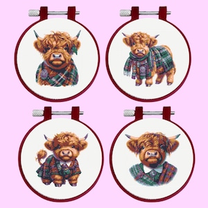 Baby Highland Cow Cross Stitch Pattern, 4 Highland Cows Cross Stitch Pattern - Instant Download