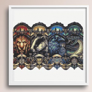 Four Wizard Houses Cross Stitch Pattern, Magic Cross Stitch Pattern, instant download PDF chart Wizard Cross Stitch Pattern -  embroidery