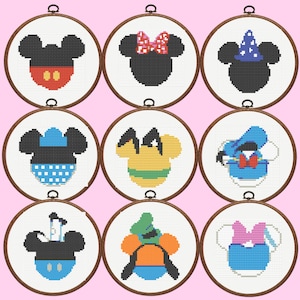 Micky Mouse Hats Cross Stitch Pattern, 9 Hats Bundle Set - Instant Download