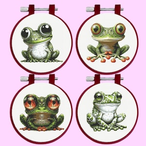 Frog Cross Stitch Pattern, Set of 4 Cute Frogs Cross Stitch Pattern - Instant Download