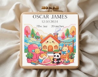 Birth Announcement Cross Stitch Pattern PDF |  Cute Animals Sampler | DIY Baby Shower Easy Chart | instant  download PDF