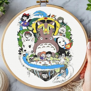 Ghibli Studio-kruissteekpatroon, Howl, Sophie, Calcifer, Sheeta, Pazu, Porco Rosso, Chihiro, Ponyo, Satsuki, Mei, Totoro, Catbus, Kodama
