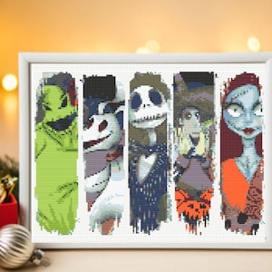 May include: A framed cross-stitch design featuring five characters from popular Halloween movies. The characters are Jack Skellington, Sally, the Grinch, Oogie Boogie, and Zero. The characters are depicted in a colorful, pixelated style.