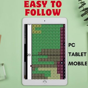 May include: A digital cross-stitch pattern displayed on a tablet. The pattern features green and brown geometric shapes. Text on the tablet reads "PC TABLET MOBILE". The words "EASY TO FOLLOW" are in red at the top of the image.