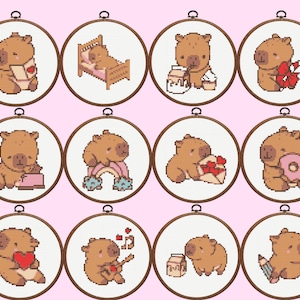 Capybara Cross Stitch Pattern - Set of 12 Capybara Cross Stitch Pattern, Instant Download