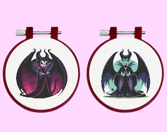 Maleficent Cross Stitch Pattern, 2 Villains Cross Stitch Pattern Bundle Set, instant download