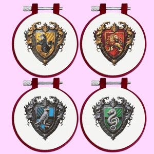 Magic School Houses Crests Cross Stitch Pattern | Wizard School Faculties Coats of Arms | Logotype Cross Stitch Design | 4 Bundle Set