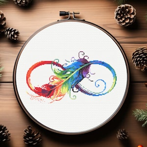 Puede incluir: Una pluma de color arcoíris está tejida en un símbolo de infinito sobre un fondo blanco. El símbolo está rodeado de un diseño floral decorativo.