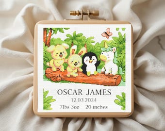 Birth Announcement Cross Stitch Pattern PDF |  Baby Animals Sampler | DIY Baby Shower Easy Chart | instant  download PDF