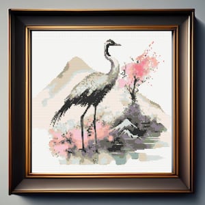 Japanese Crane Cross Stitch Pattern, Japanese Landscape Cross Stitch Patter, Cherry Blossom Tree Cross Stitch, instant download