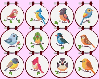 Bird Cross Stitch Pattern, 12 Birds Bundle Set,  instant download