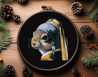 Squirrel With A Pearl Earring Cross Stitch Pattern - Instant Download