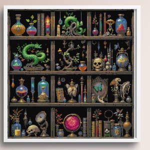 Può includere: Uno scaffale di legno pieno di varie bottiglie di vetro, barattoli e altri oggetti. Lo scaffale è decorato con un drago verde, un teschio e una farfalla. Gli oggetti sullo scaffale sono un mix di colori, tra cui verde, blu, rosso e oro.