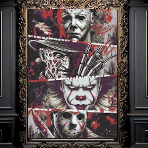 May include: A framed horror movie art print featuring four iconic slasher villains: Michael Myers, Freddy Krueger, Pennywise, and Jason Voorhees. The artwork uses a pixelated style with red accents, set against a black background.