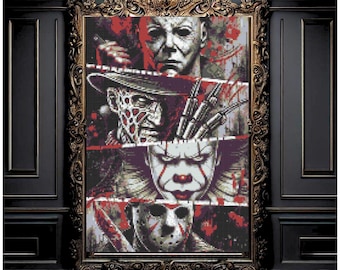 Friend Horror Cross Stitch Pattern, 4 Horror Characters Cross Stitch, Happy Halloween Cross Stitch Pattern,  instant download