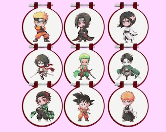Anime-kruissteekpatroon, bundelset met 9 anime-personages, instant download