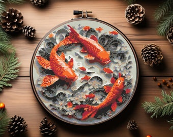 Korsstygnsmönster för fisk, korsstygn med japansk koifisk, korsstygn med asiatisk fisk, korsstygn med röd fisk för nedladdning, korsstygn med Ying Yang