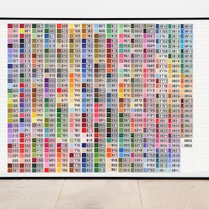 以下が含まれることがあります： 160個の小さな正方形のグリッドを持つカラーチャートで、それぞれ異なる色で塗りつぶされています。正方形は150から386まで番号が付けられています。チャートは黒で額装されています。