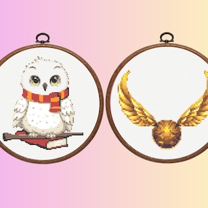 May include: Two cross-stitch hoops. One shows a white owl with a red and orange scarf, sitting on a book with a wand. The other depicts a golden Snitch with wings. Both are on a white background.