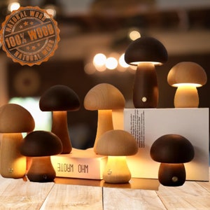 Lámpara de noche de madera con forma de hongo, luz cálida recargable inalámbrica LED, luz ambiental para dormir, lámpara de mesita de noche regulable para dormitorio, regalo de cumpleaños