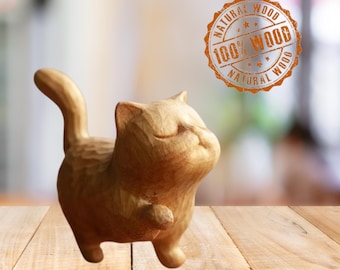 Hand-carved Wooden Cat - Wooden Cat Sculpture Collection Figurine - Boxwood Carving Kitten - Perfect Desk Decoration and Unique Gift Idea