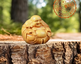 Handmade Wooden Laughing Buddha - Luck and Prosperity Buddha Figure - Seated Buddha - Hand-Carved Wooden Decor for Home or Office Display