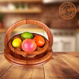 Handmade Foldable Wooden Fruit Basket - Multipurpose Collapsible Storage Basket for Fruits, Bread, and Nuts - Decorative Kitchen Organizer