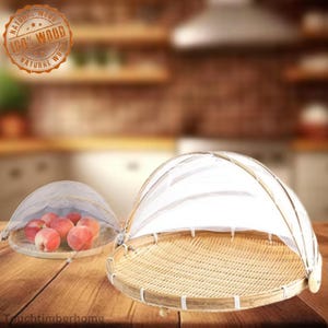 Bambusgewebekorb mit Netzabdeckung - Anti-Mücken-Abdeckung, Aufbewahrungsschale für Obst und Gemüse, Picknickkorb, staubdichter Organizer