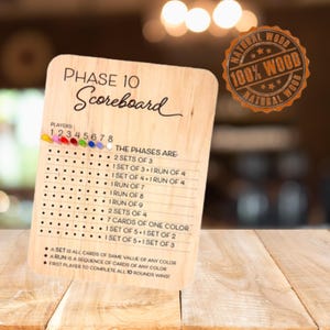 Tablero de puntuación Phase 10 de madera: tarjeta de puntuación portátil resistente y rastreador circular: hojas de puntuación Phase 10 ideales y tablero de puntuación de juegos para la noche de juegos en familia
