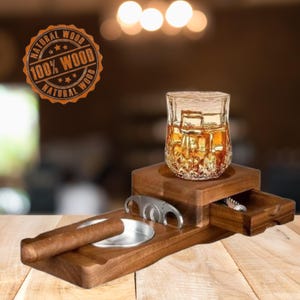 Whiskey & Cigar Tray -2 in 1 Wooden Ashtray with Whiskey Glass Holder - Perfect for Home Bars - Unique Gifts for Men, Dad, or Whiskey Lovers