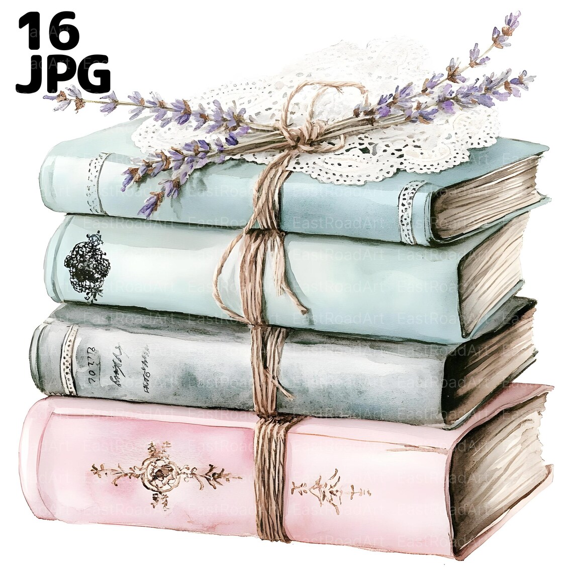 16 Cottage Shabby Chic Books Clipart, Pastel Flowers, Stacked Books ...