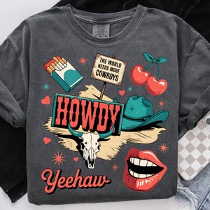 Olá, colagem de faroeste PNG, design de adesivo de cowgirl moderno, grunge faroeste PNG, faroeste PNG, lábios caveira cereja cowboy PNG, sublimação PNG