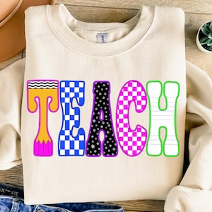 Neon Checkered TEACH PNG, Teacher Back To School Png, Neon Disstressed, Coquette 1st 2nd 3rd Grade Teacher Png, Hand Drawn, Student Shirt