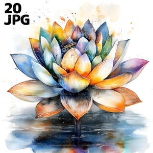 20 Clipart di fiori di loto astratti arcobaleno, Clipart di loto, Fiore astratto, Fiore stampabile, Download digitale JPG di alta qualità di fiori arcobaleno