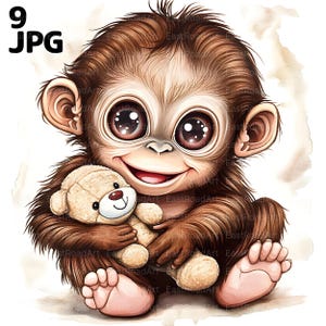 9 Monkey Clipart, Watercolor Monkey, Animal Clipart, High Quality JPGs, Watercolor Clipart, Junk Journal, Digital Download, Paper Craft