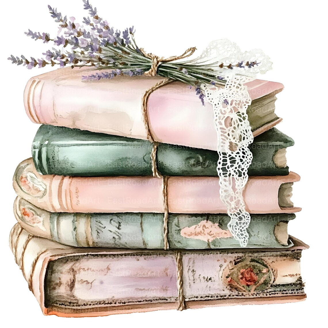16 Cottage Shabby Chic Books Clipart, Pastel Flowers, Stacked Books ...