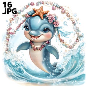 16 Delfin Clipart, Blumenkrone und Perlenkette, Wassertier, Tier Clipart, hochwertige JPGs, Junk Journal, digitaler Download