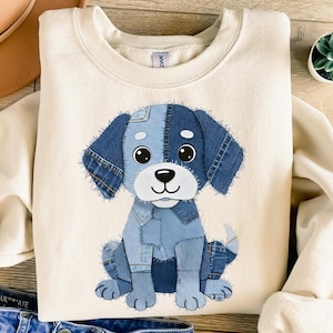 Padrão de cachorro digital PNG, ilustração de cachorro em patchwork jeans, clipart retrô de animal, sublimação engraçada de cachorro, animal de estimação vintage, mãe de cachorro PNG, filhote de cachorro PNG