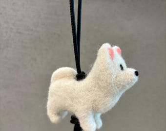 Handmade Wool Puppy Bag Charm with Leather Strap
