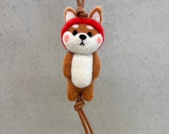 Handmade Wool Fox Bag Charm with Leather Strap
