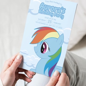 May include: A blue birthday party invitation with a cartoon rainbow pony. The invitation says "You Are Invited To Aurora's Birthday Party" and includes the date and time of the party.