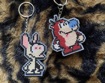 Ren and Stimpy hand stitched keychain pair