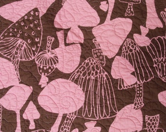 King Quilt Alexander Henry Mushroom City Pink & Brown Bedding As Yet Unbound from artdesignsbydanielle NEW Free Shipping