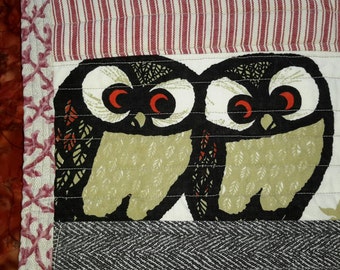 Art Textile Mat Red Boro Palette Owls Test Piece #1 Table Topper Size Quilted Cotton by artdesignsbydanielle NEW Free Shipping