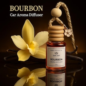 May include: A car aroma diffuser labelled "BOURBON" with a wooden cap and a flower charm. The bottle contains a brown liquid and is accompanied by a yellow flower and vanilla beans. The text "ZEN ART" is visible.